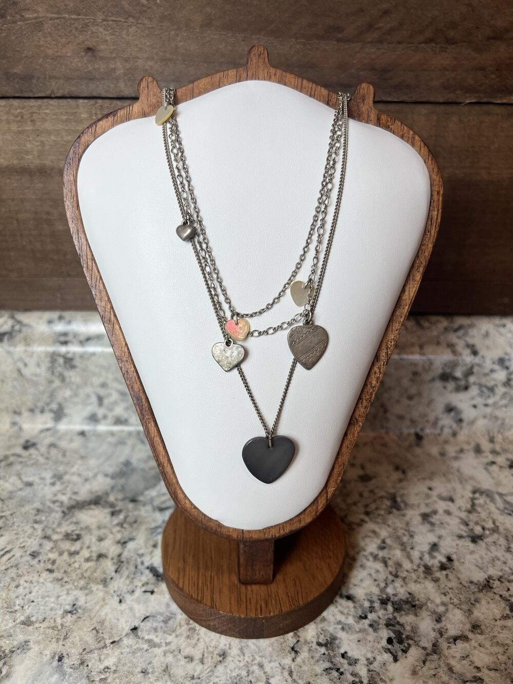 Vtg Y2K American Eagle Layered Heart Necklace Abalone Romantic Boho Feminine
